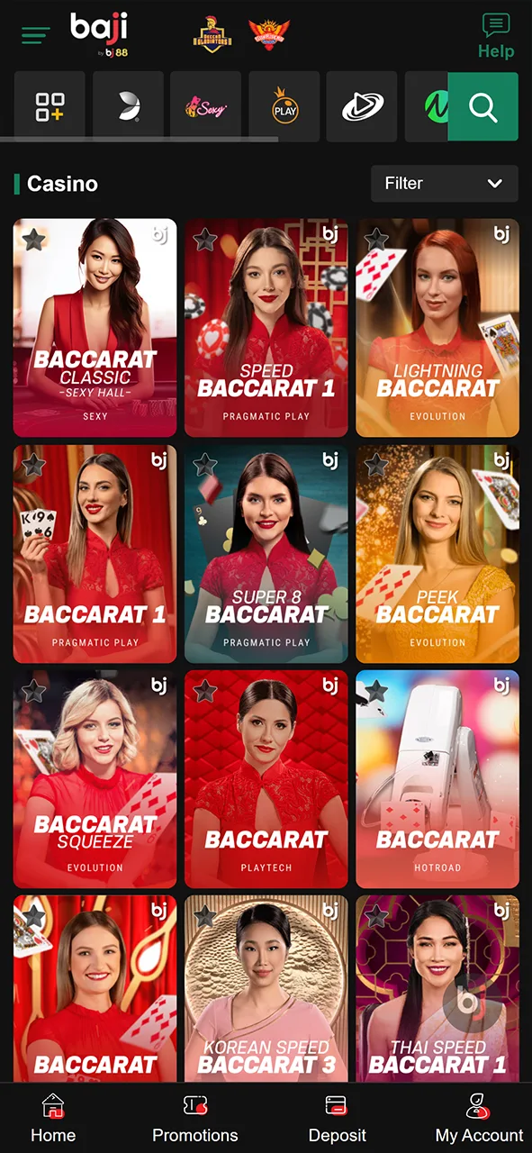 Open the Baji Live casino section and find the baccarat games.