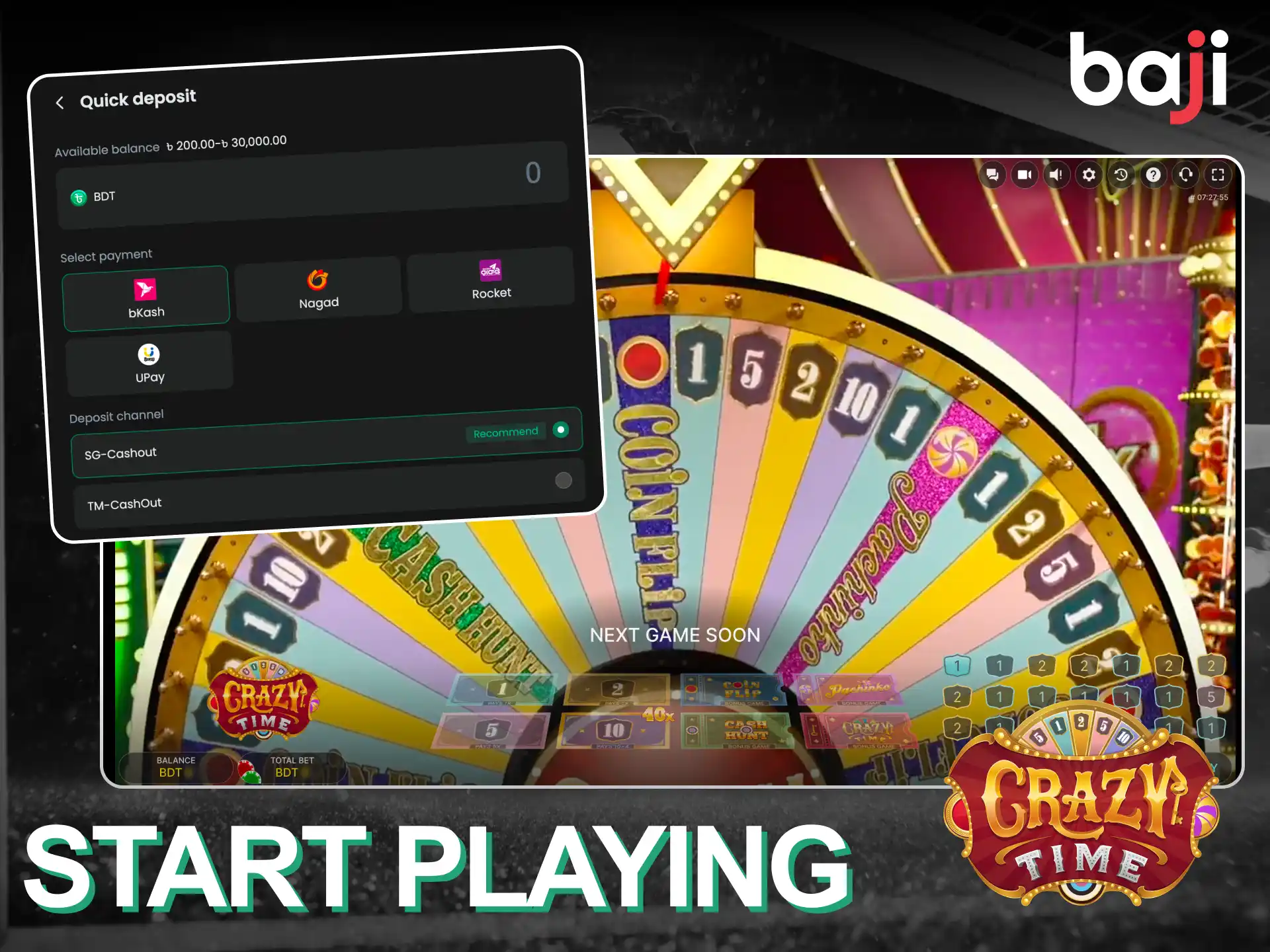 Follow the instructions to start playing Crazy Time at Baji.