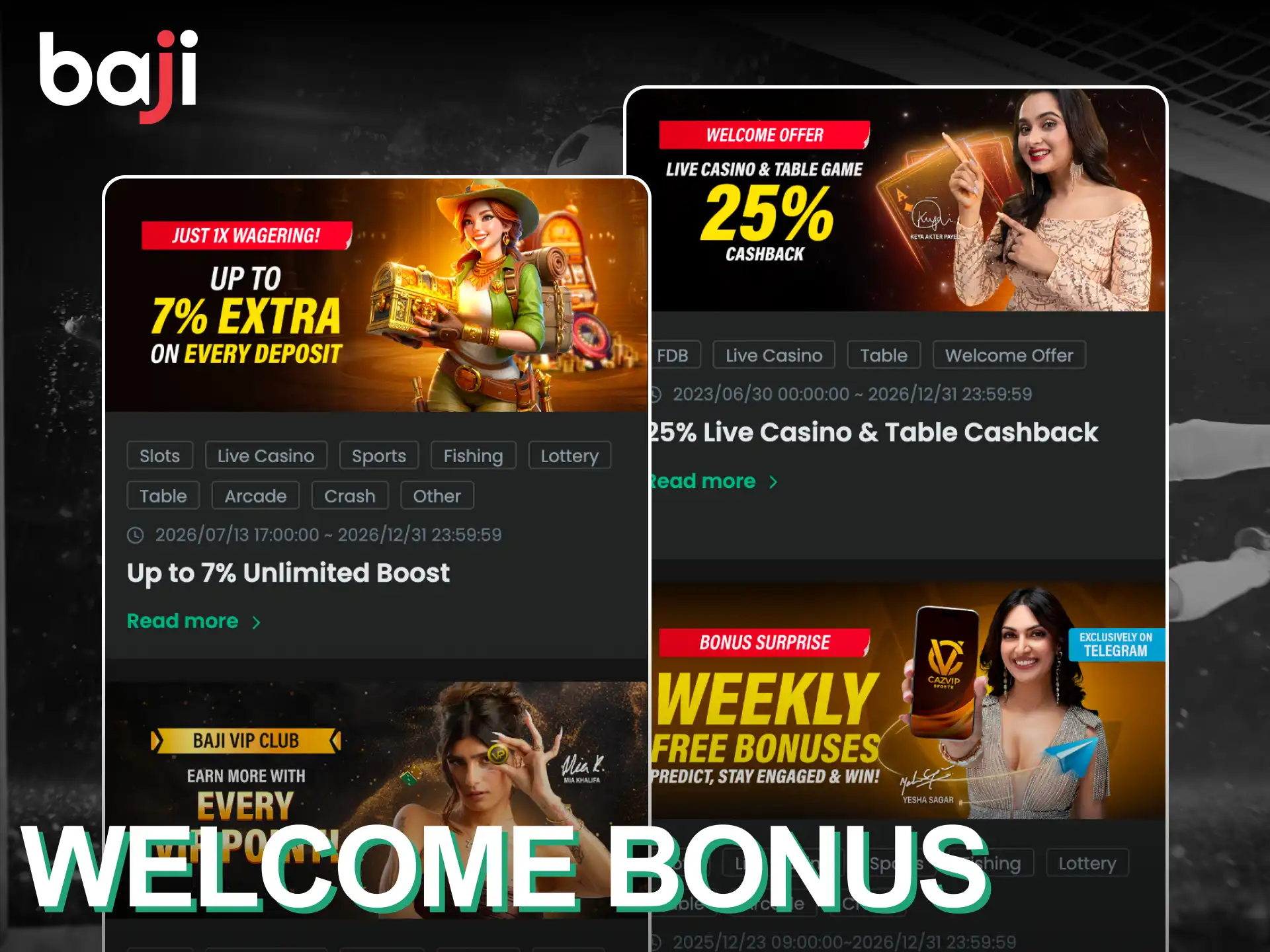 Get Baji Live welcome bonus for table games.