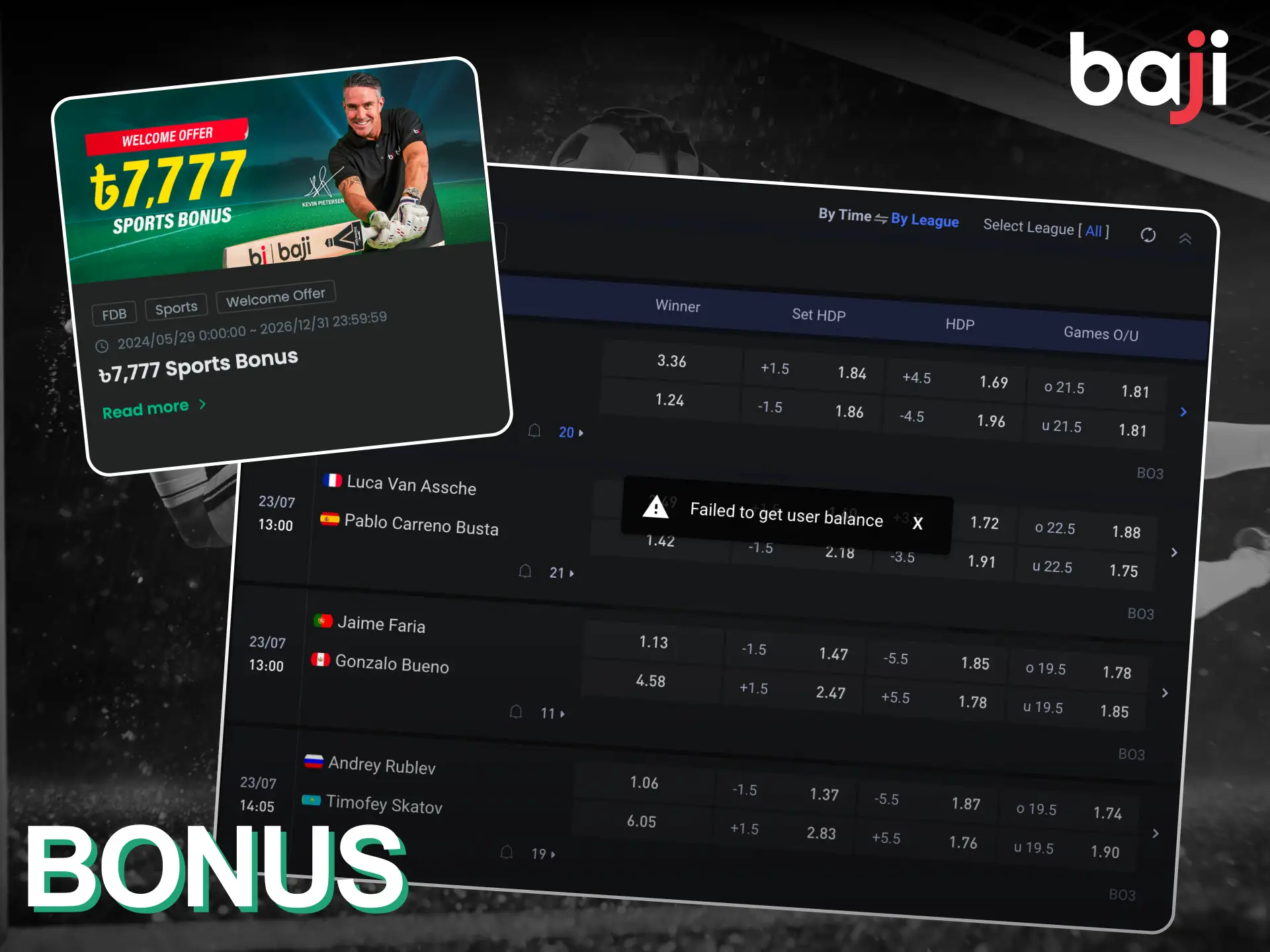 Baji Live gives a welcome bonus for new clients who want to bet on tennis.