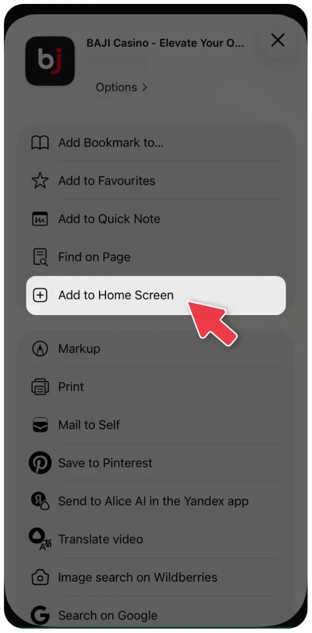 Choose the Add to Home Screen option on Baji Live app.