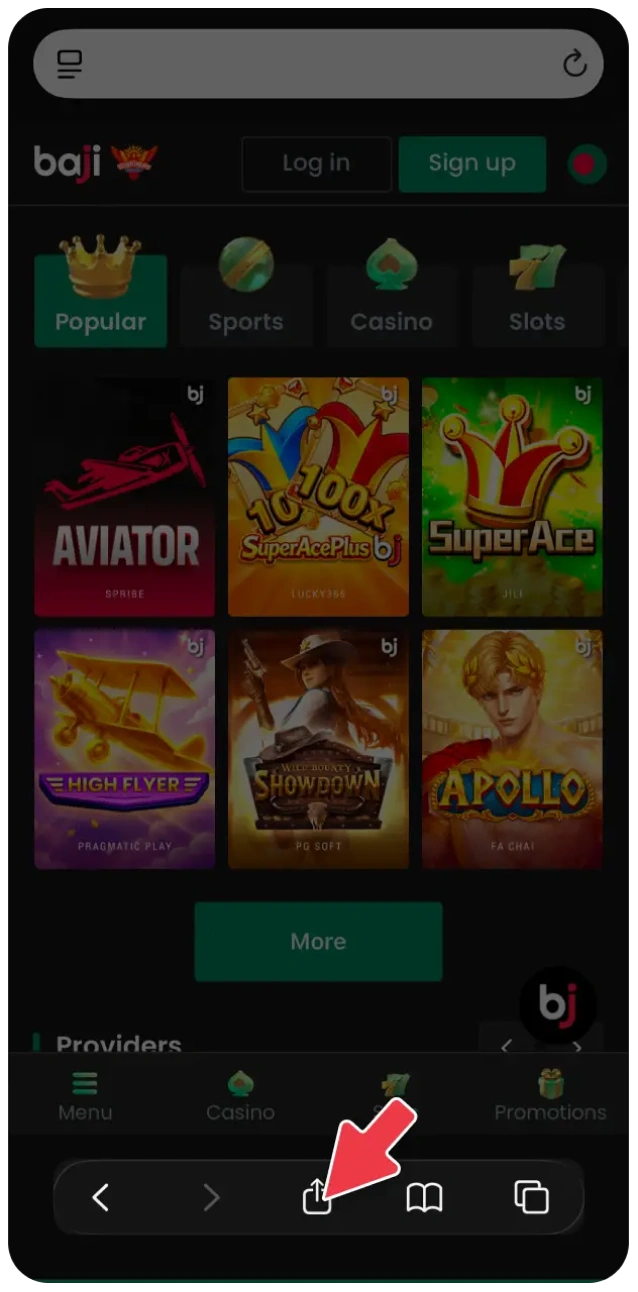 Tap the Share icon at Baji Live to open the menu.