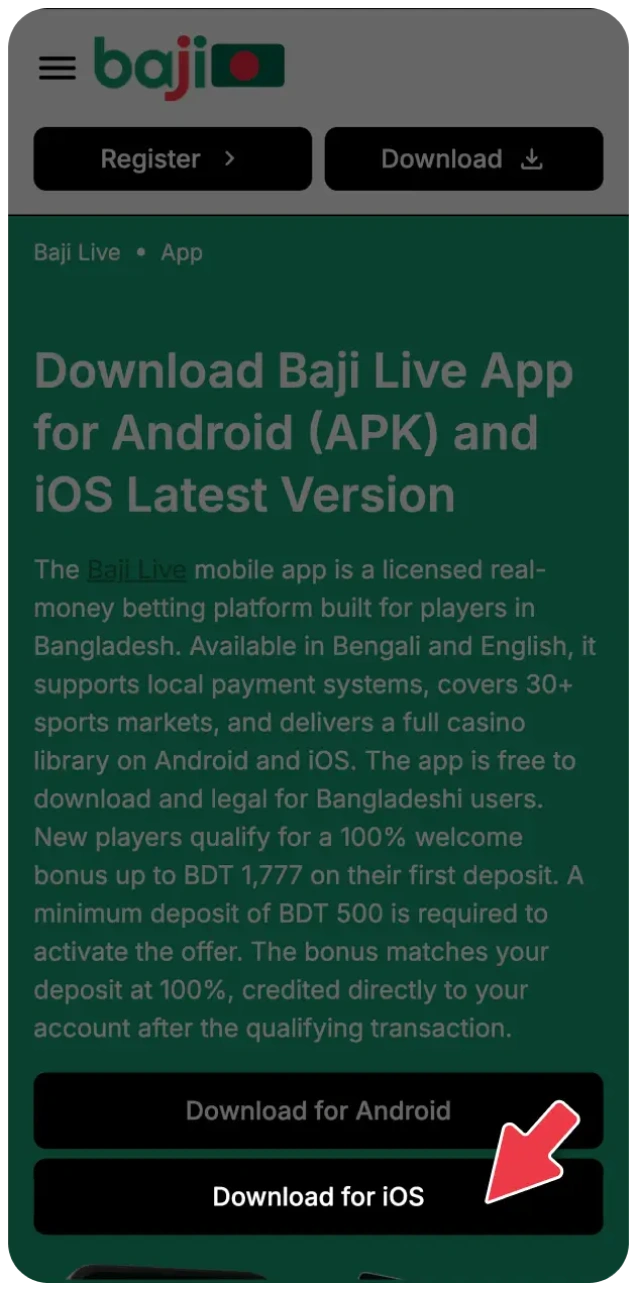 Click the iOS button to start the Baji Live installation process.
