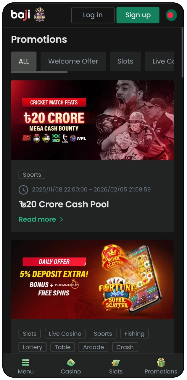 Take advantage of Baji Live generous bonuses and promotions.