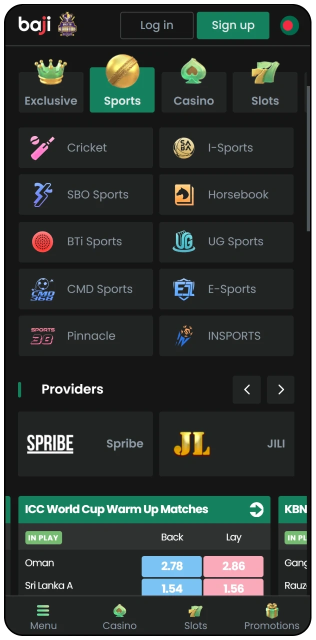 Explore the Baji Live app sports betting section.